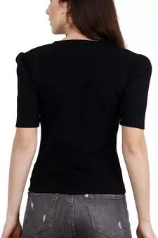 Popwings Women Casual Black Puff Sleeves V Neck Solid Top