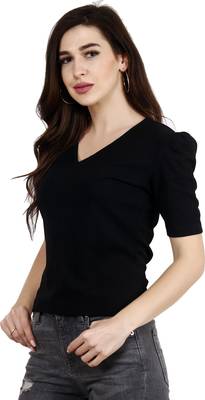 Popwings Women Casual Black Puff Sleeves V Neck Solid Top 3