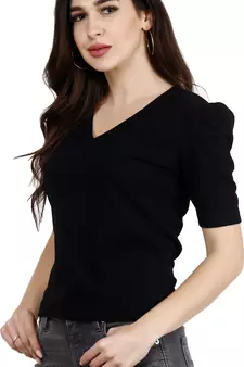 Popwings Women Casual Black Puff Sleeves V Neck Solid Top