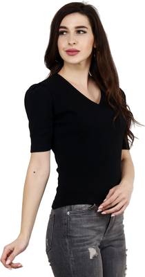 Popwings Women Casual Black Puff Sleeves V Neck Solid Top 4