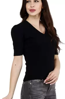 Popwings Women Casual Black Puff Sleeves V Neck Solid Top