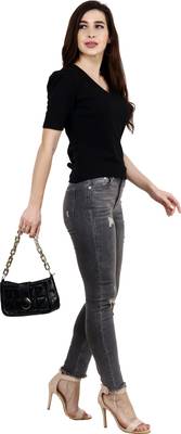 Popwings Women Casual Black Puff Sleeves V Neck Solid Top 5