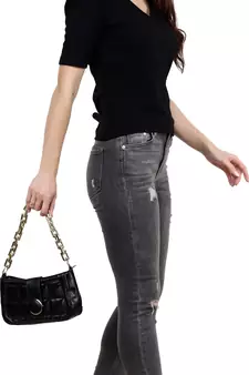 Popwings Women Casual Black Puff Sleeves V Neck Solid Top