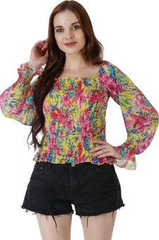 Popwings Women Casual Yellow Floral Print Smocked Chiffon Crop Top