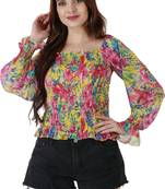 Popwings Women Casual Yellow Floral Print Smocked Chiffon Crop Top