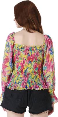 Popwings Women Casual Yellow Floral Print Smocked Chiffon Crop Top 2