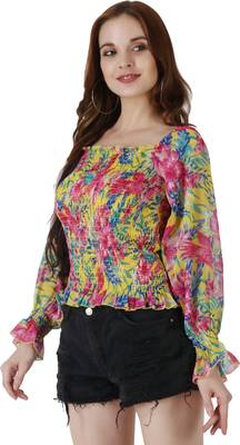 Popwings Women Casual Yellow Floral Print Smocked Chiffon Crop Top 3
