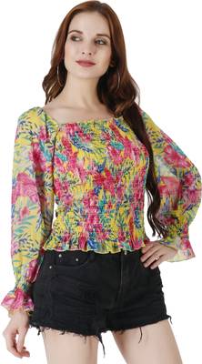 Popwings Women Casual Yellow Floral Print Smocked Chiffon Crop Top 4