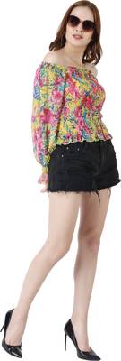 Popwings Women Casual Yellow Floral Print Smocked Chiffon Crop Top 6