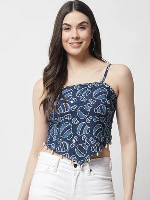 Popwings Women Casual Blue Bagru Block Print Cotton Crop Top 1