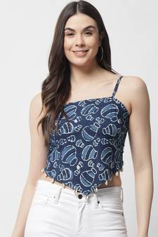 Popwings Women Casual Blue Bagru Block Print Cotton Crop Top