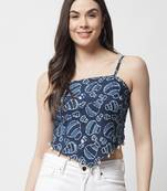 Popwings Women Casual Blue Bagru Block Print Cotton Crop Top