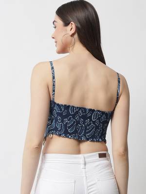 Popwings Women Casual Blue Bagru Block Print Cotton Crop Top 2