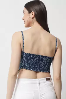 Popwings Women Casual Blue Bagru Block Print Cotton Crop Top