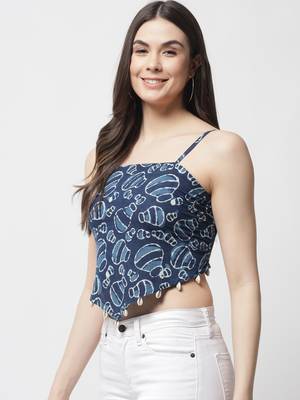 Popwings Women Casual Blue Bagru Block Print Cotton Crop Top 3