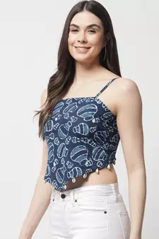 Popwings Women Casual Blue Bagru Block Print Cotton Crop Top