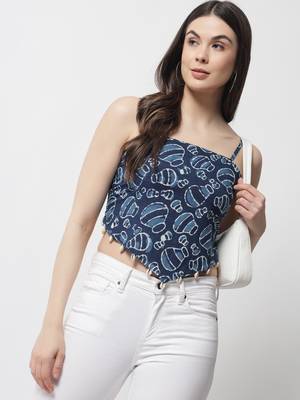 Popwings Women Casual Blue Bagru Block Print Cotton Crop Top 5