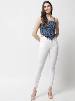 Popwings Women Casual Blue Bagru Block Print Cotton Crop Top 6