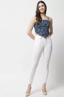 Popwings Women Casual Blue Bagru Block Print Cotton Crop Top