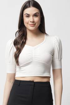 Popwings Women Casual Off White Rib Sweatheart Neck Crop Top