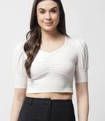 Popwings Women Casual Off White Rib Sweatheart Neck Crop Top