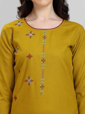 Mustard embroidered cotton Kurta Pant With Dupatta 4
