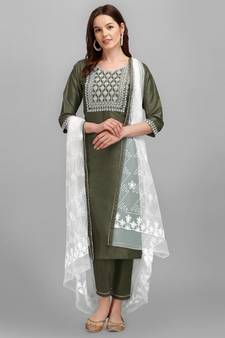 Light-jade embroidered cotton silk Kurta Pant With Dupatta