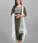 Light-jade embroidered cotton silk Kurta Pant With Dupatta