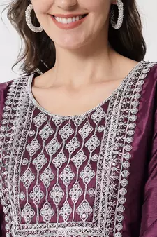 Purple embroidered cotton silk Kurta Pant With Dupatta