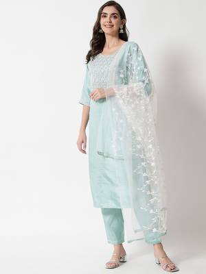 Sea-green embroidered cotton silk Kurta Pant With Dupatta 1