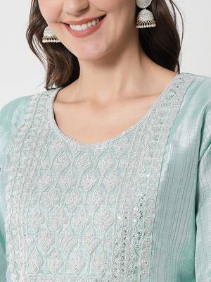 Sea-green embroidered cotton silk Kurta Pant With Dupatta 2