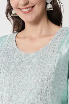 Sea-green embroidered cotton silk Kurta Pant With Dupatta
