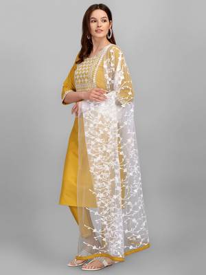 Yellow embroidered cotton silk Kurta Pant With Dupatta 1