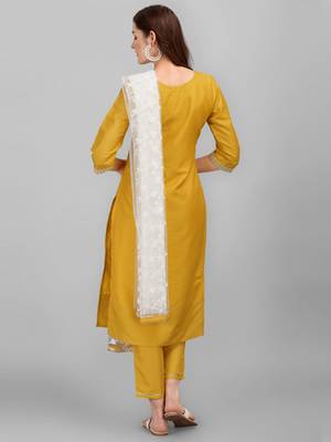 Yellow embroidered cotton silk Kurta Pant With Dupatta 3