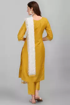 Yellow embroidered cotton silk Kurta Pant With Dupatta