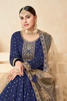 Navy-blue embroidered taffeta salwar