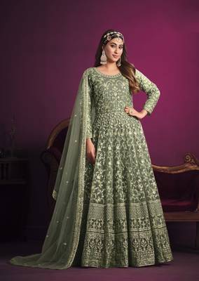Dark-sea-green embroidered net salwar 1