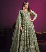 Dark-sea-green embroidered net salwar