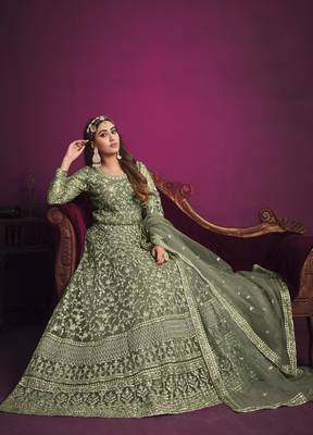 Dark-sea-green embroidered net salwar 3