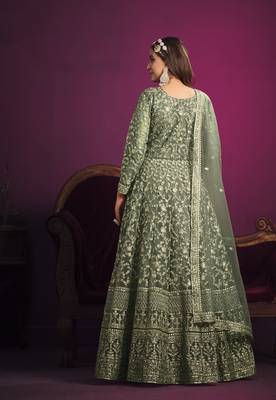 Dark-sea-green embroidered net salwar 4
