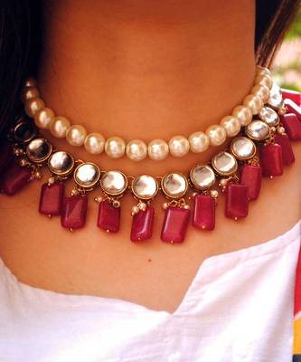 Semi precious Red stone and kundan necklace Set 4