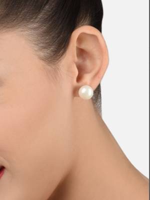 Mahi Rhodium Plated Classic White Artificial Pearl Stud Earrings for Women (ER1109822RWhi_14mm) 2