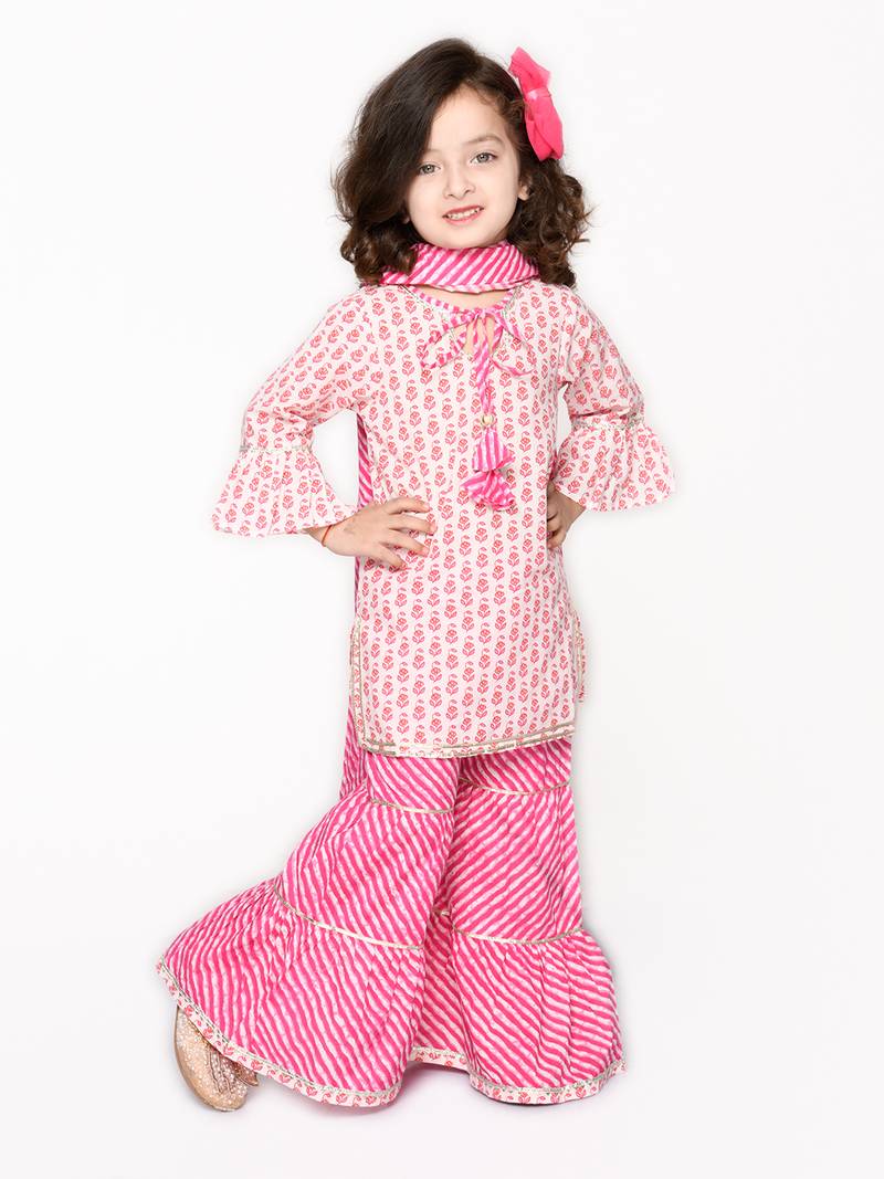 Pink printed cotton girls-top-bottom
