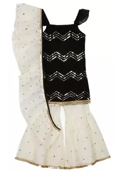 Black embroidered georgette girls-top-bottom