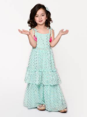 Blue printed georgette girls-top-bottom 1