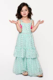 Blue printed georgette girls-top-bottom