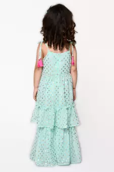 Blue printed georgette girls-top-bottom