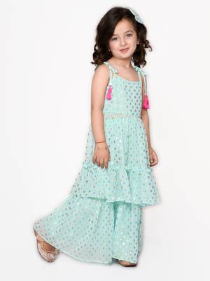 Blue printed georgette girls-top-bottom 4