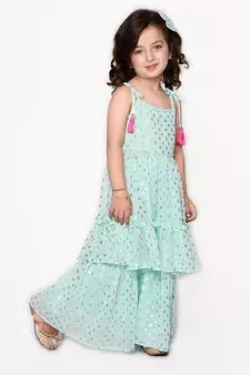 Blue printed georgette girls-top-bottom