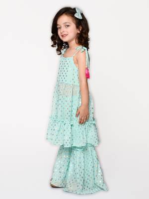 Blue printed georgette girls-top-bottom 5